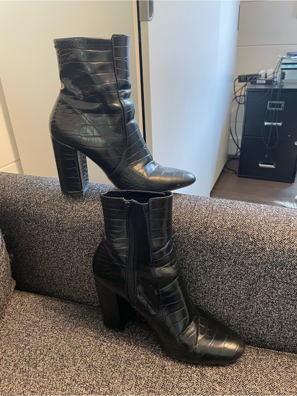 Aldo Black Croc-Embossed Pointed Toe Block Heel Ankle Boots